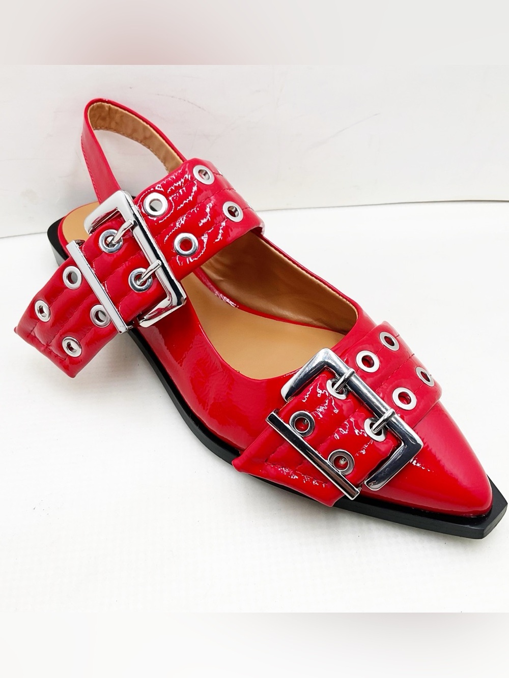 {Steve Madden} Graya Red Patent Studded Buckle Slingback Flats - Picture 15 of 16